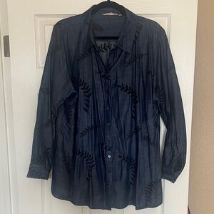 Soft Surroundings Navy Button Down Shirt with Black Leaf Pattern